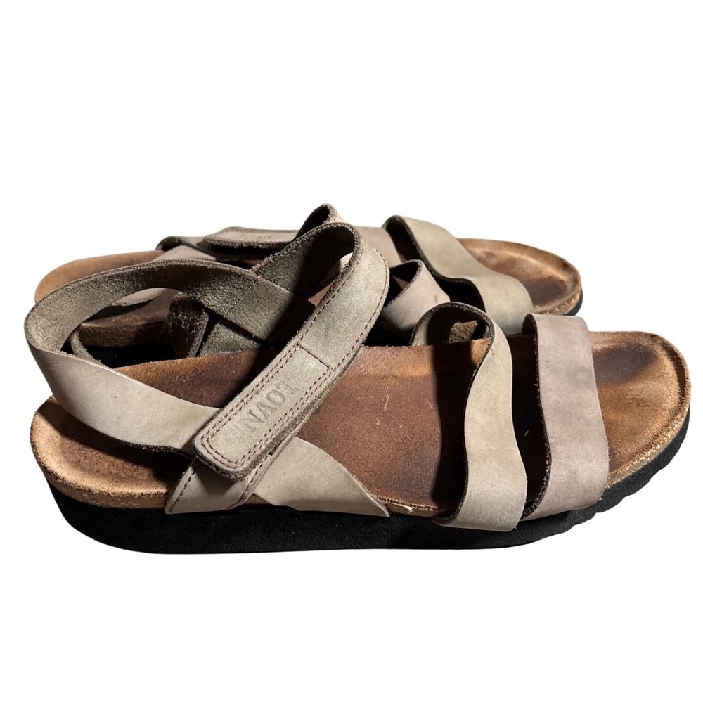 Naot Women 7.5 Tan Leather Strappy Cork Footbed Platform Walking Sandals Nature
